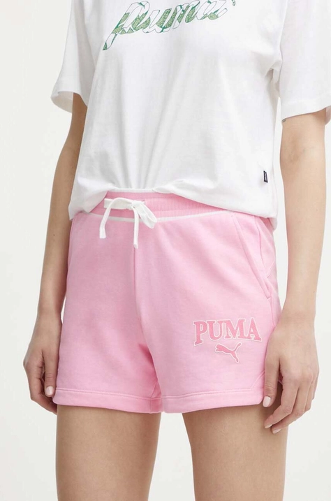 Puma szorty SQUAD damskie kolor różowy z nadrukiem high waist 678704