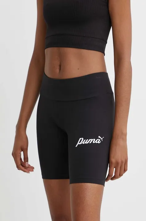Kraťasy Puma ESS+ dámské, černá barva, s potiskem, medium waist, 679678