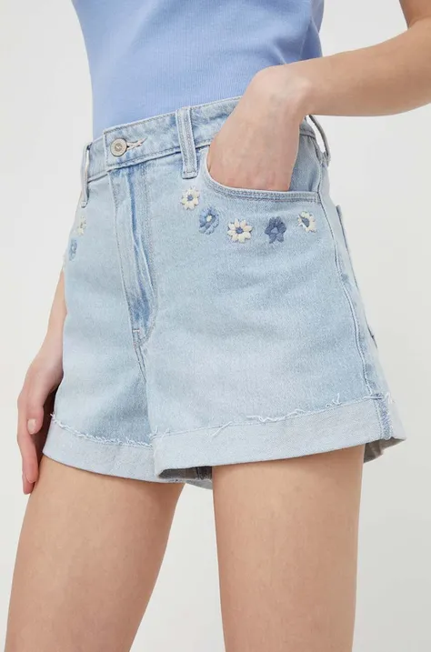 Hollister Co. szorty jeansowe damskie kolor niebieski z aplikacją high waist