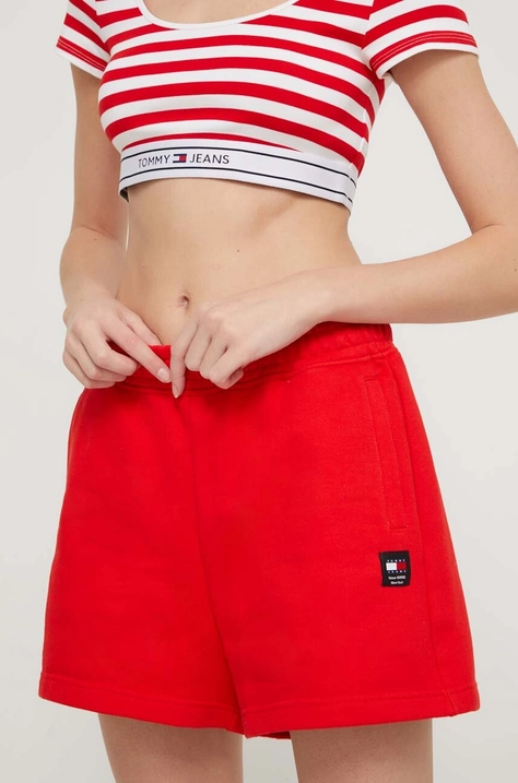 Tommy Jeans szorty bawełniane kolor czerwony gładkie high waist DW0DW17772