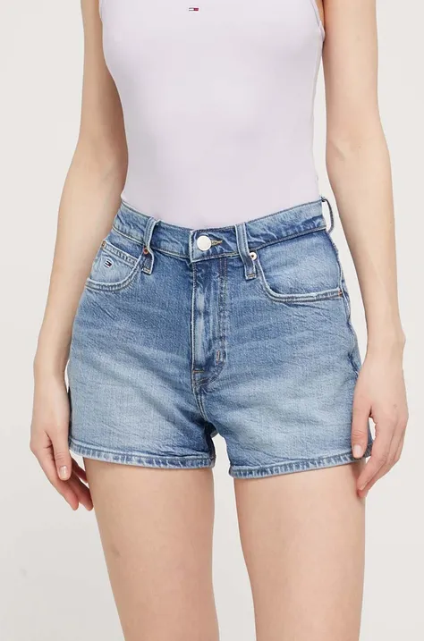 Rifľové krátke nohavice Tommy Jeans dámske, jednofarebné, vysoký pás, DW0DW17642
