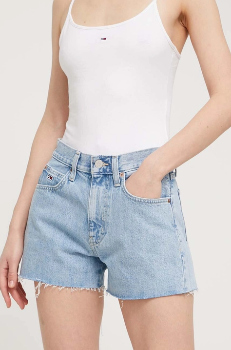 Tommy Jeans szorty jeansowe damskie kolor niebieski gładkie high waist DW0DW17644