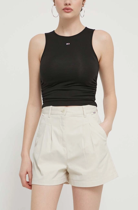 Tommy Jeans pantaloni scurți femei, culoarea bej, uni, high waist, DW0DW17775