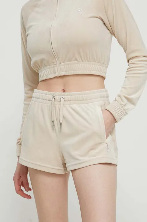 Velurové šortky Juicy Couture béžová barva, s aplikací, high waist
