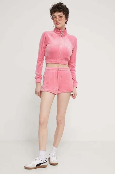 Velurové šortky Juicy Couture růžová barva, s aplikací, medium waist