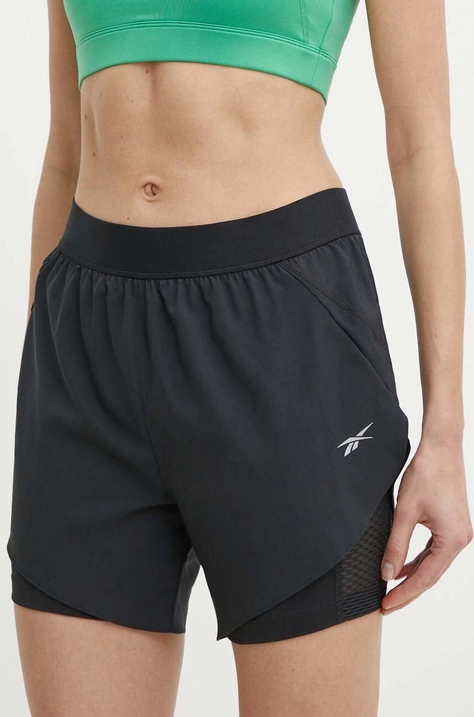 Reebok pantaloni scurți de alergare culoarea negru, neted, high waist, 100075412