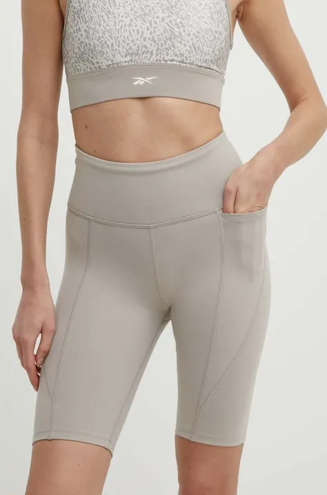 Reebok pantaloni scurți de antrenament LUX Collection culoarea bej, neted, high waist, 100076151