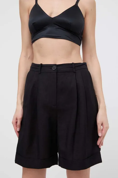 Льняные шорты Karl Lagerfeld цвет чёрный однотонные высокая посадка