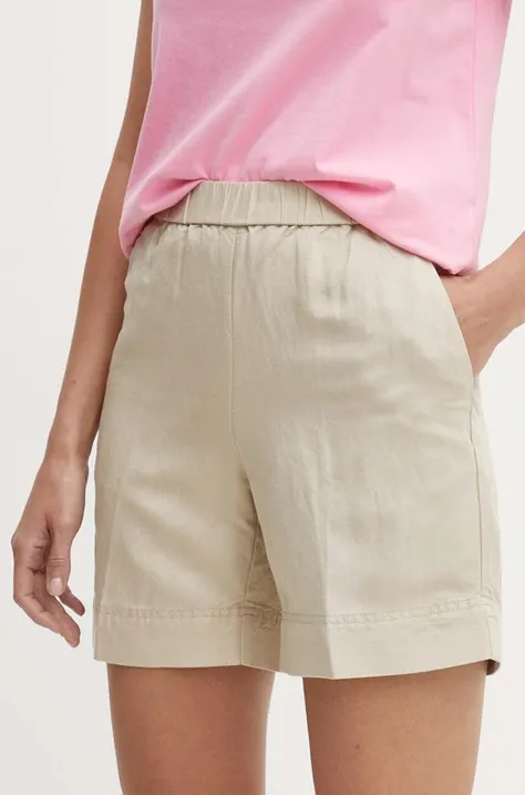 Lanene kratke hlače Gant boja: bež, bez uzorka, visoki struk