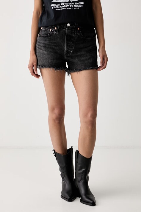 Levi's къс панталон дамски от деним 501® ORIGINAL черен с висока талия 56327