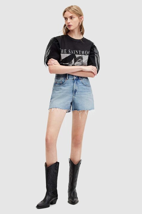 Rifľové krátke nohavice AllSaints HAILEY DENIM SHORT dámske, jednofarebné, vysoký pás, W006EA