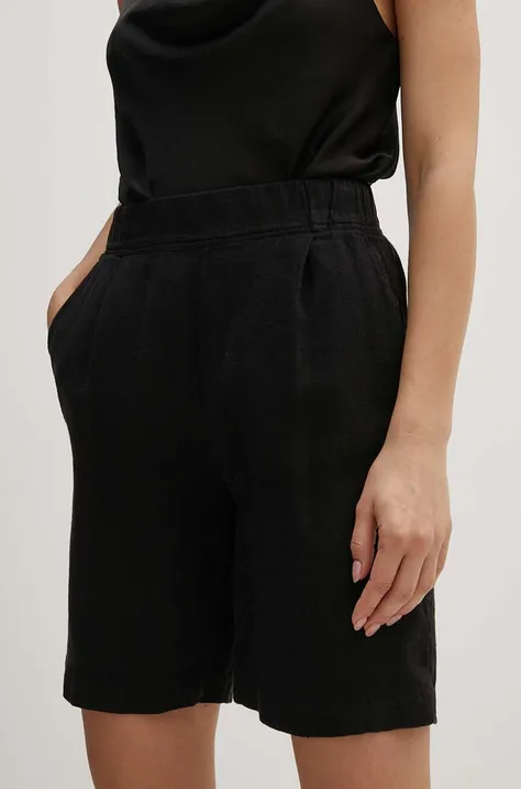 Ľanové šortky Sisley čierna farba, jednofarebné, vysoký pás, 41I4L901F