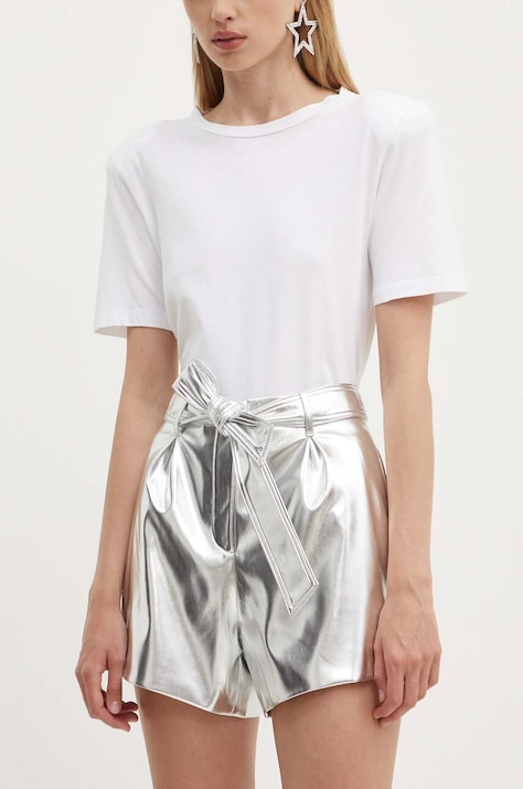 Never Fully Dressed pantaloni scurti Vegan Leather femei, culoarea argintiu, neted, high waist, NFDTR336