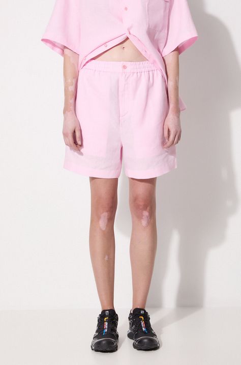 Ленен къс панталон Pangaia DNA Linen Mid Length Shorts в розово с изчистен дизайн с висока талия 10001972