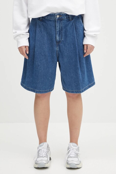 Дънков къс панталон Carhartt WIP W' Alta Short в синьо с изчистен дизайн с висока талия I033345.106