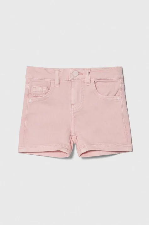Detské rifľové krátke nohavice Guess ružová farba, jednofarebné, nastaviteľný pás