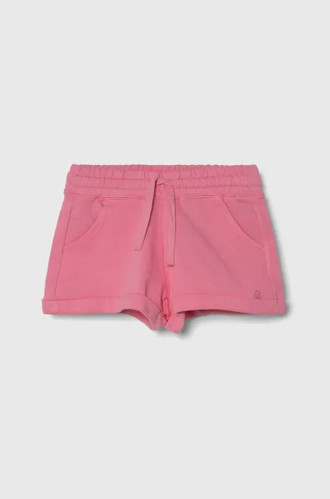 Детски памучен къс панталон United Colors of Benetton в розово с изчистен дизайн с регулируема талия