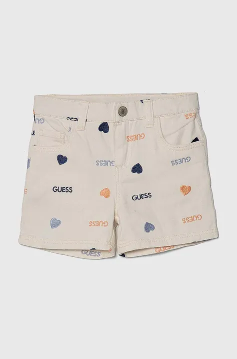 Detské rifľové krátke nohavice Guess biela farba, vzorované, nastaviteľný pás