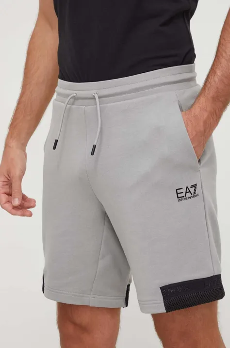 Bombažne kratke hlače EA7 Emporio Armani siva barva