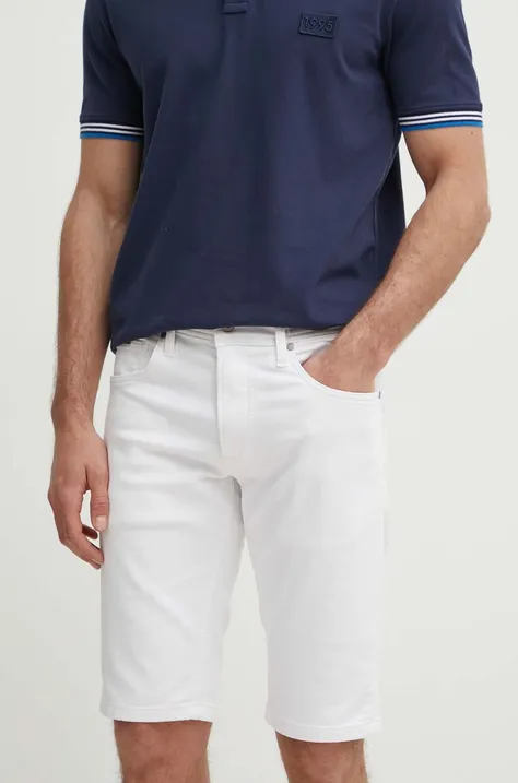 Rifľové krátke nohavice Pepe Jeans SLIM GYMDIGO SHORT pánske, biela farba, PM801075TC3
