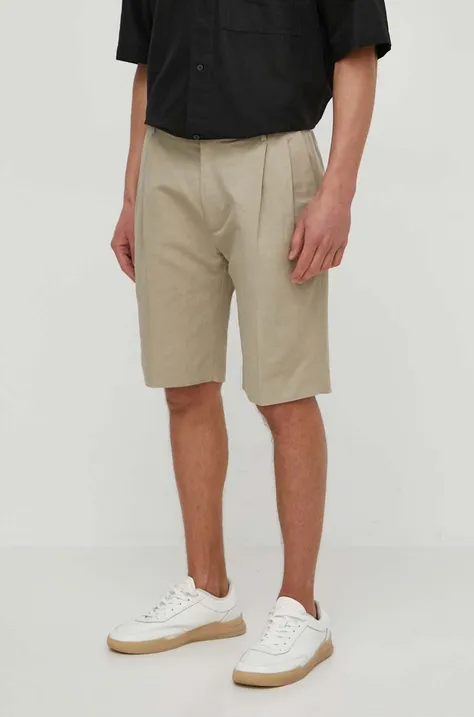 Kratke hlače iz mešanice lana Calvin Klein bež barva, K10K112657