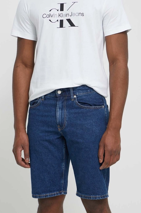 Rifľové krátke nohavice Calvin Klein Jeans pánske, tmavomodrá farba, J30J324870