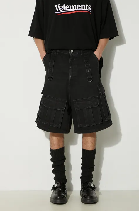 Rifľové krátke nohavice VETEMENTS Multipocket Cargo Denim Shorts pánske, čierna farba, UE64SS100B