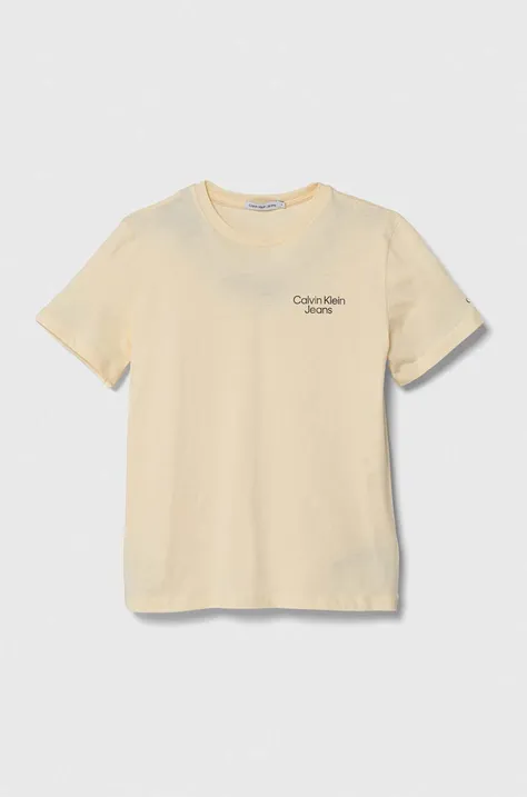 Детская хлопковая футболка Calvin Klein Jeans цвет бежевый однотонная