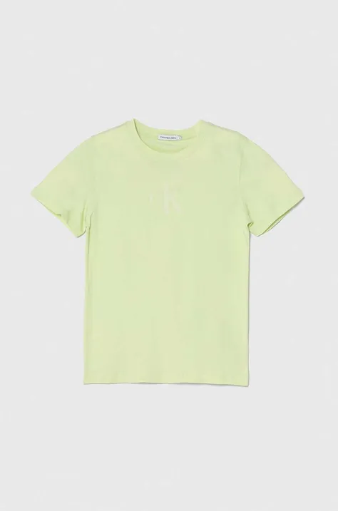 Otroška bombažna kratka majica Calvin Klein Jeans zelena barva