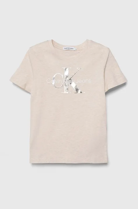 Дитяча бавовняна футболка Calvin Klein Jeans колір бежевий з принтом