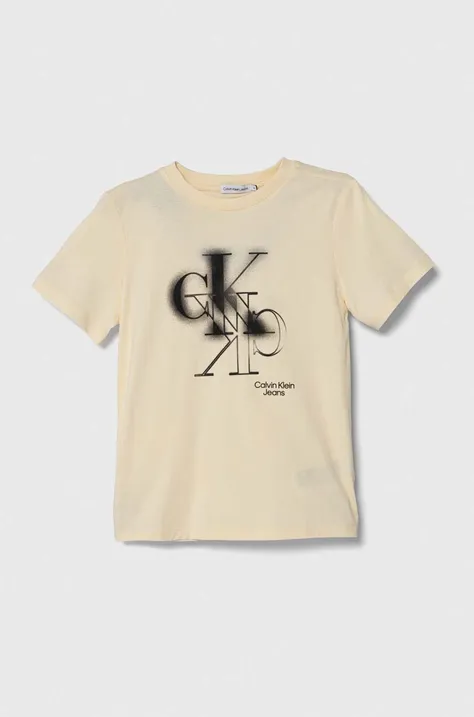 Otroška bombažna kratka majica Calvin Klein Jeans bež barva