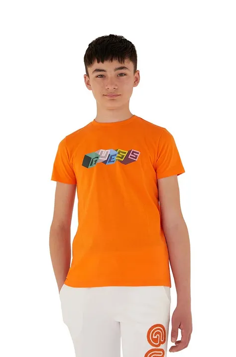 Παιδικό βαμβακερό μπλουζάκι Guess χρώμα: πορτοκαλί