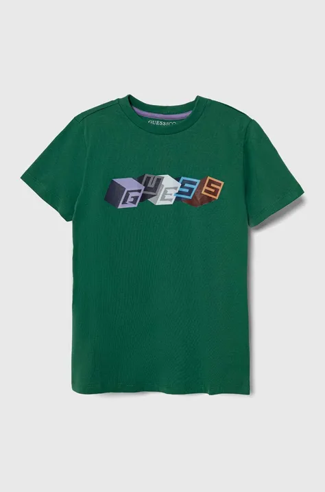 Дитяча бавовняна футболка Guess колір зелений з принтом