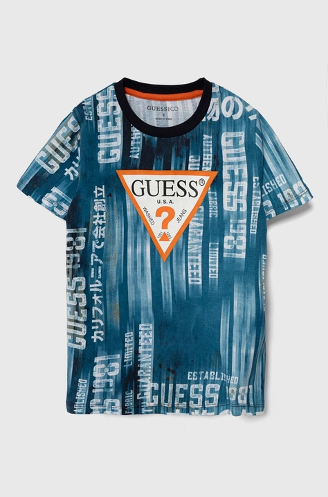 Детска памучна тениска Guess в синьо с десен