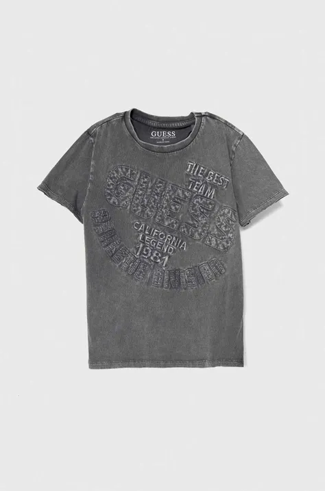 Dětské bavlněné tričko Guess šedá barva, s aplikací
