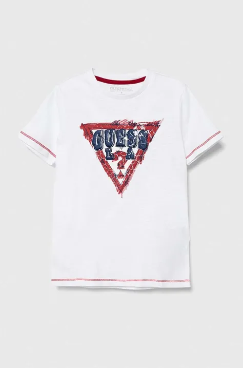Παιδικό βαμβακερό μπλουζάκι Guess χρώμα: άσπρο