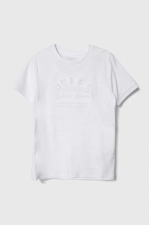 Dětské bavlněné tričko Guess bílá barva, s aplikací