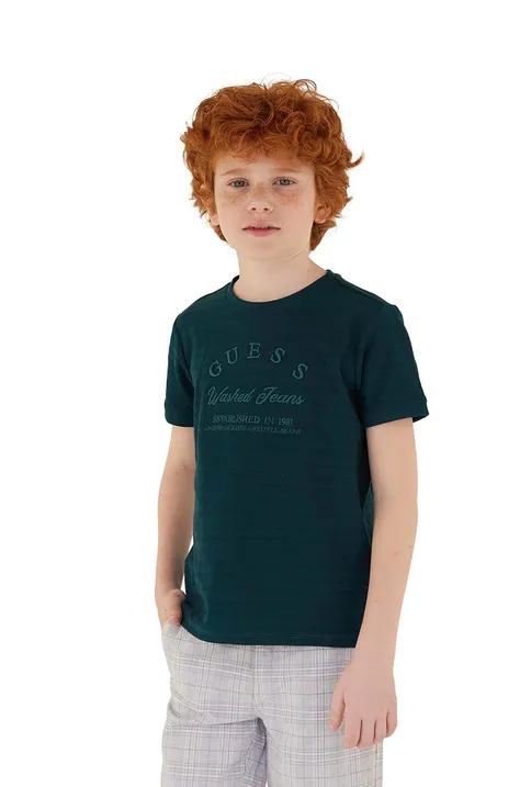 Дитяча бавовняна футболка Guess колір зелений з аплікацією