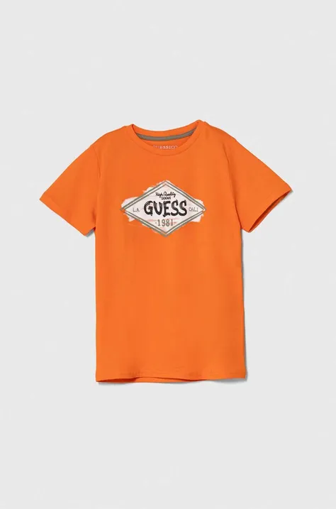 Дитяча бавовняна футболка Guess колір помаранчевий з принтом