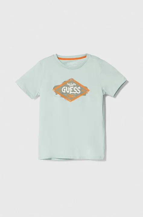 Guess t-shirt bawełniany dziecięcy kolor turkusowy z nadrukiem