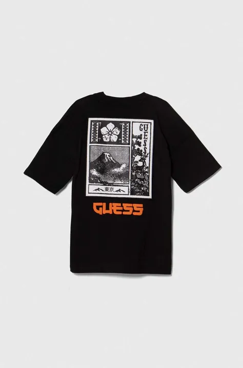 Дитяча бавовняна футболка Guess колір чорний з принтом