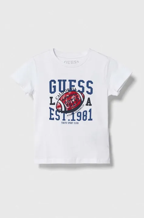 Дитяча бавовняна футболка Guess колір білий з принтом