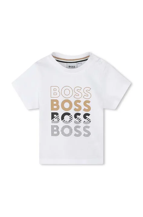 Bavlněné dětské tričko BOSS bílá barva, s potiskem