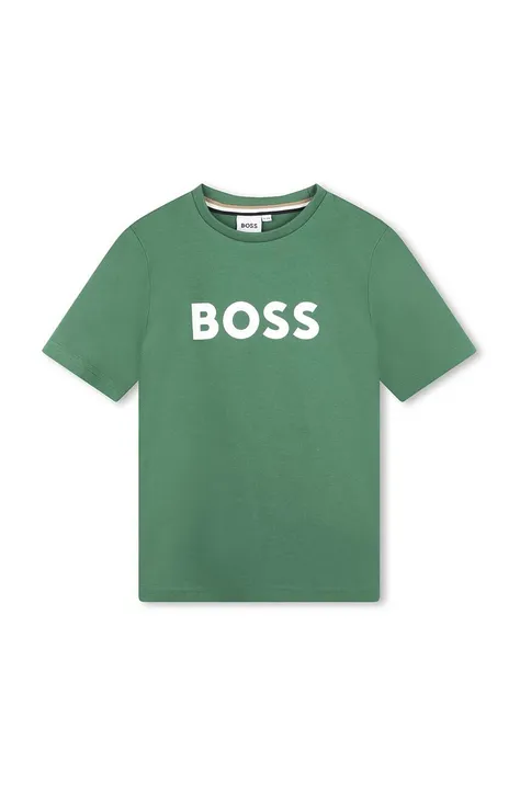 Dětské bavlněné tričko BOSS zelená barva, s potiskem