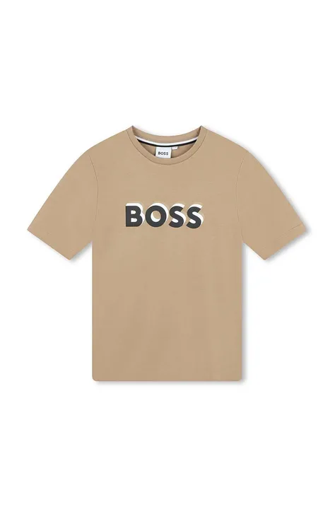 Детская хлопковая футболка BOSS цвет бежевый с принтом