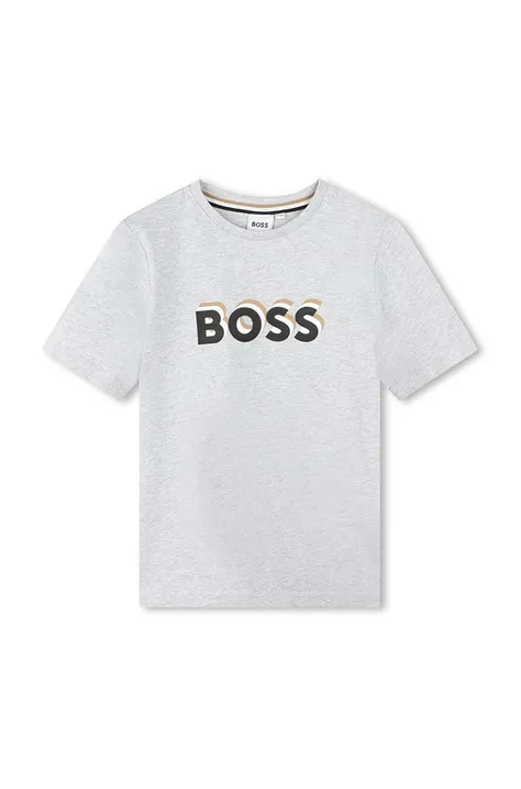 Дитяча бавовняна футболка BOSS колір сірий з принтом