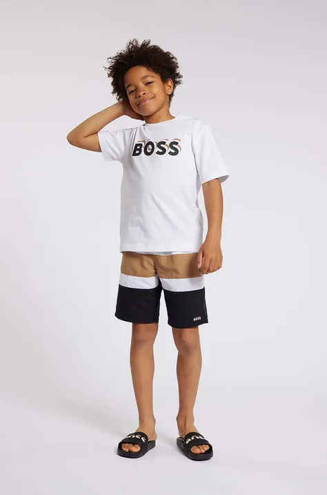 Детска памучна тениска BOSS в бяло с принт