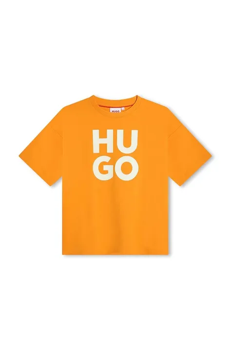 Детска памучна тениска HUGO в оранжево с принт