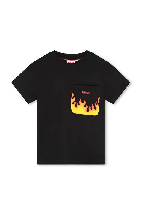 Παιδικό βαμβακερό μπλουζάκι HUGO χρώμα: μαύρο
