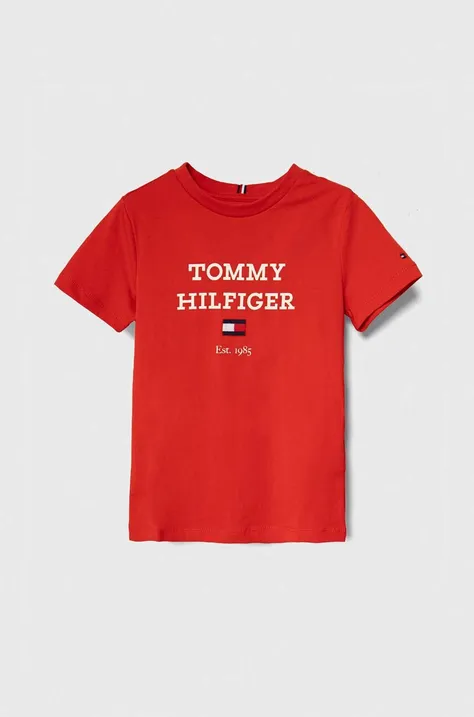 Детска памучна тениска Tommy Hilfiger в червено с принт